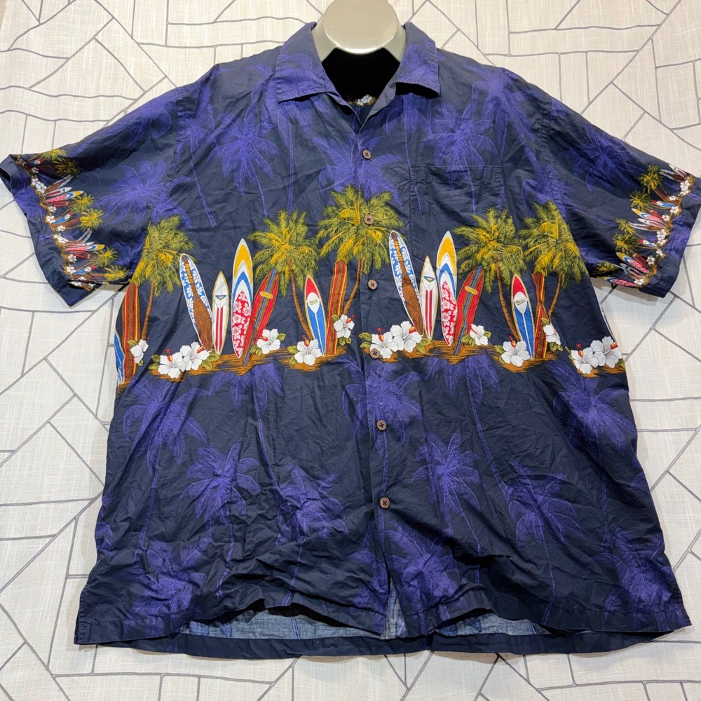Favant Hawaiian Shirt 3XL Navy Blue Surfboard Palm Tree Tropical Cotton